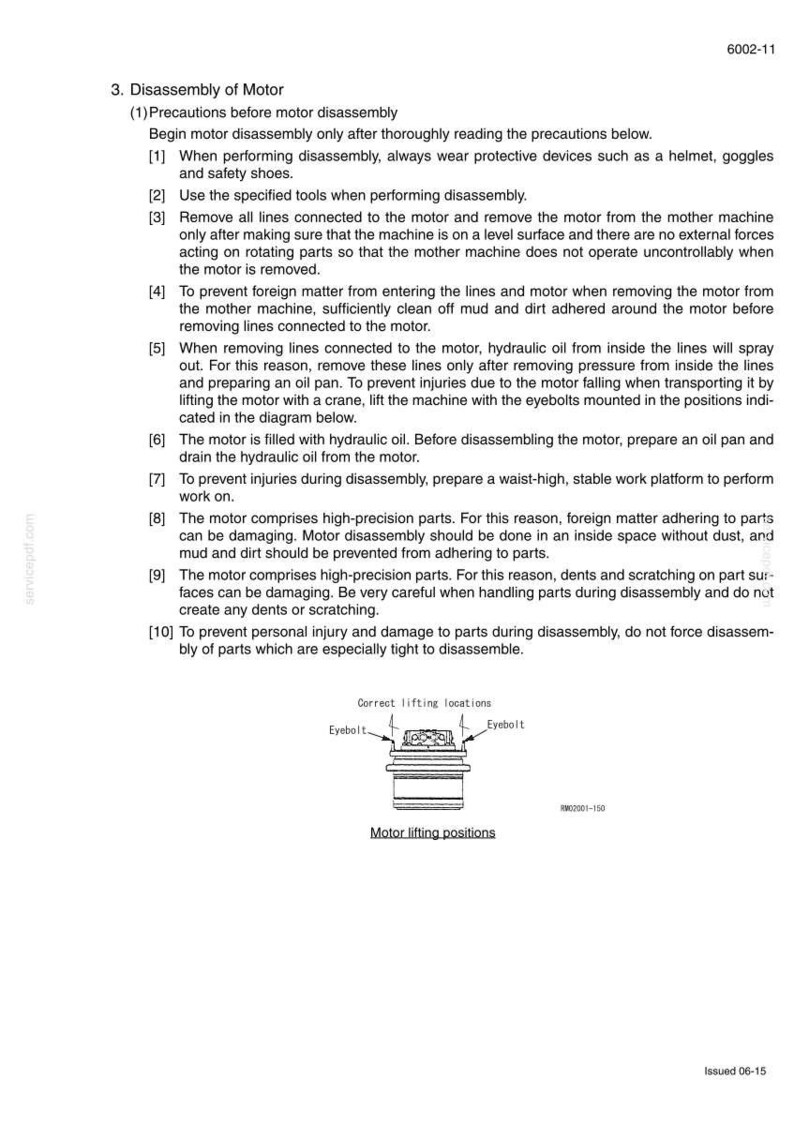 May include: A technical diagram with instructions for motor disassembly. The text includes safety precautions, tool usage, and steps for removing lines and hydraulic oil. A diagram shows correct lifting locations using eyebolts.