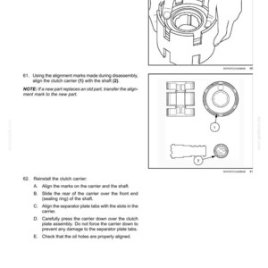 May include: Diagram of transmission components with instructions. Includes illustrations of a clutch carrier, shaft, and piston. Text details reinstallation steps, including aligning marks and checking oil holes. The image is a technical diagram.