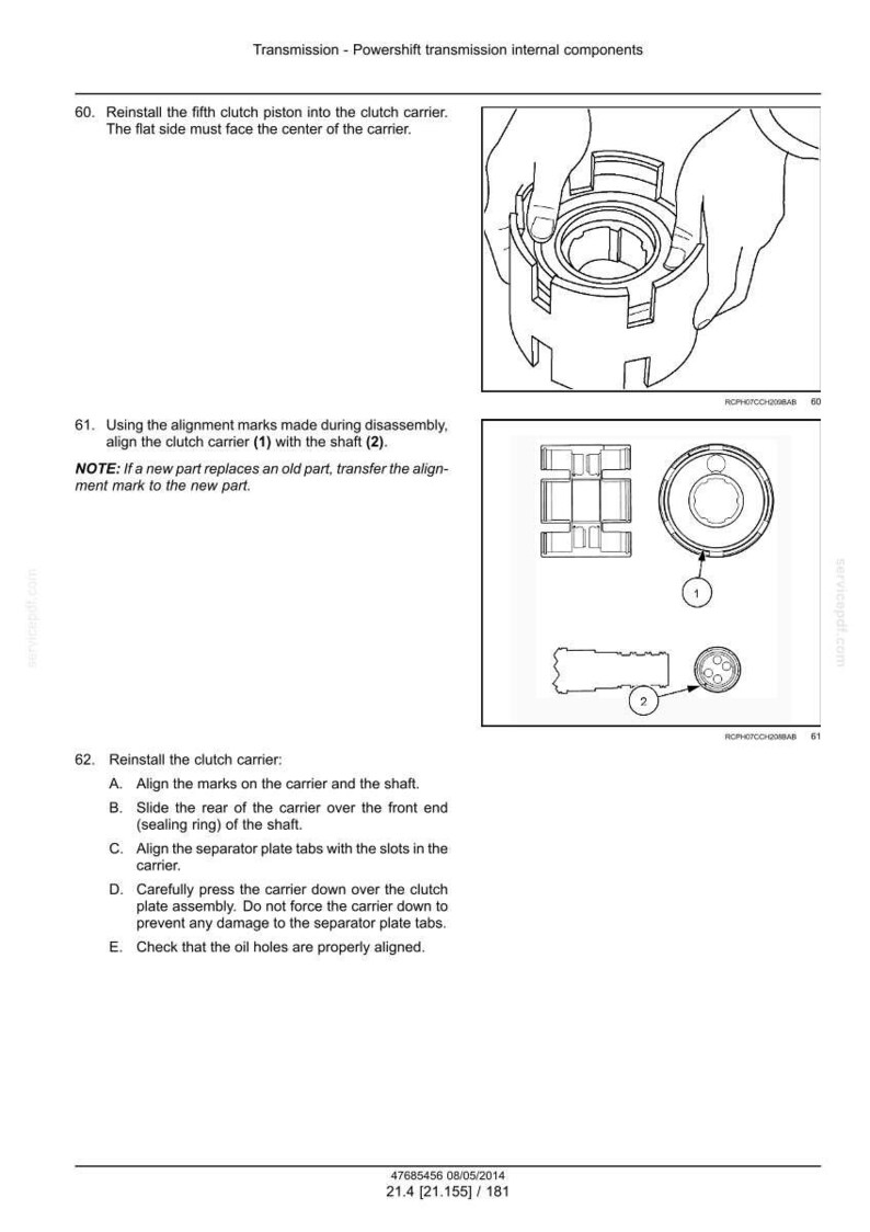 May include: Diagram of transmission components with instructions. Includes illustrations of a clutch carrier, shaft, and piston. Text details reinstallation steps, including aligning marks and checking oil holes. The image is a technical diagram.