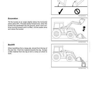 May include: A technical manual page titled 6 - WORKING OPERATIONS featuring black and white line drawings. It illustrates reverse leveling, excavation, and backfill procedures for a tractor loader, including text instructions and directional arrows.