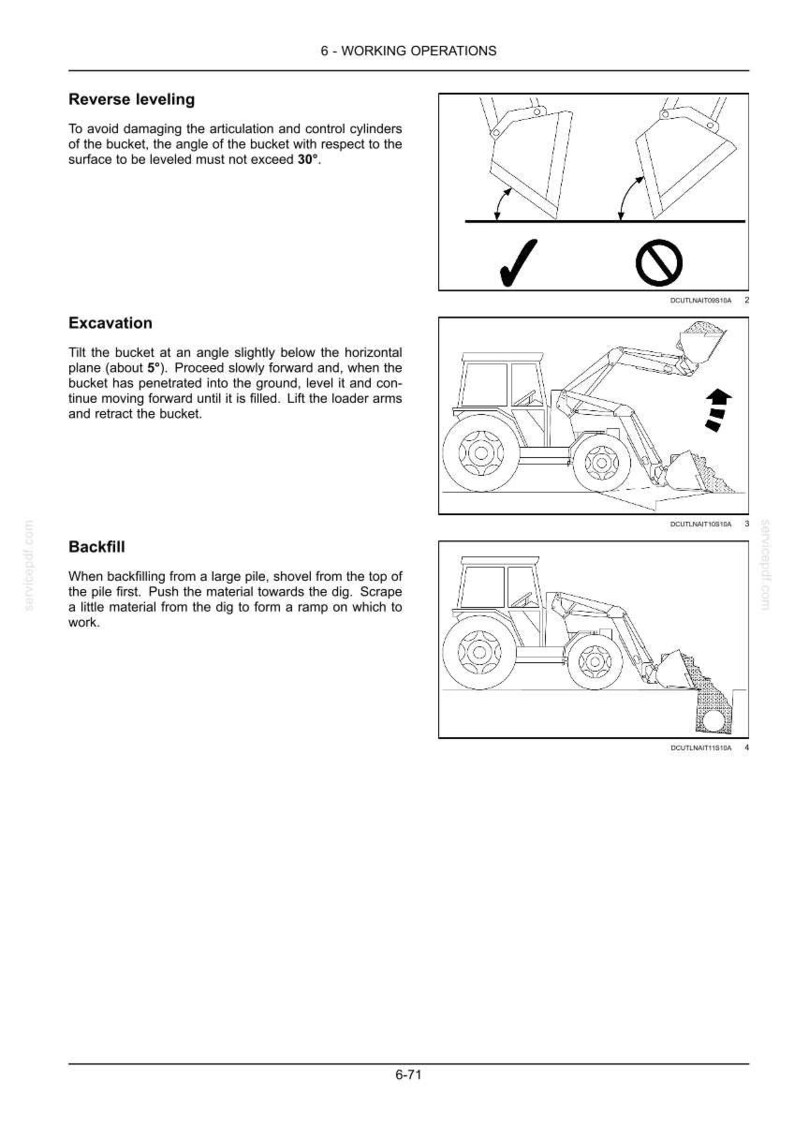 May include: A technical manual page titled 6 - WORKING OPERATIONS featuring black and white line drawings. It illustrates reverse leveling, excavation, and backfill procedures for a tractor loader, including text instructions and directional arrows.