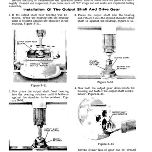 May include: Diagram of the assembly of a hydraulic power shuttle, with detailed instructions for installing the output shaft and drive gear. Includes figures S-51, S-52, S-53, and S-54, with labels for each component.