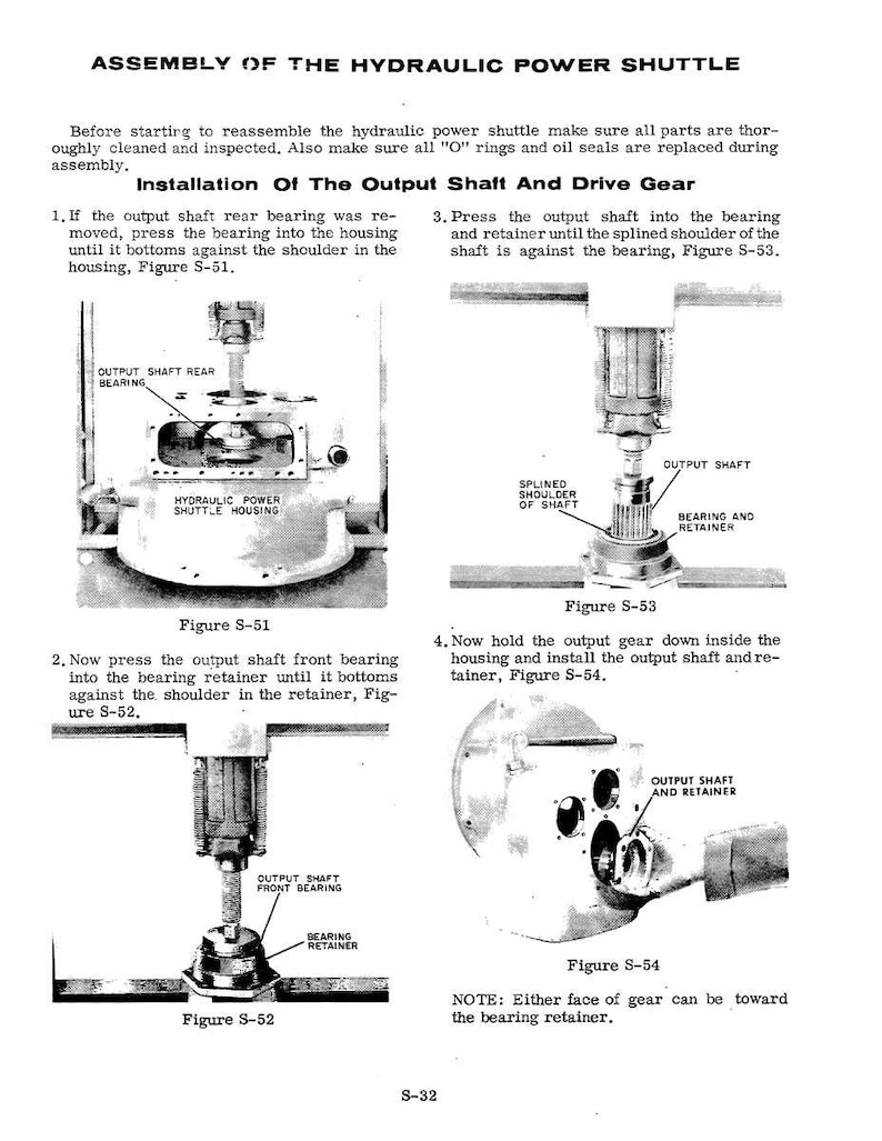 May include: Diagram of the assembly of a hydraulic power shuttle, with detailed instructions for installing the output shaft and drive gear. Includes figures S-51, S-52, S-53, and S-54, with labels for each component.