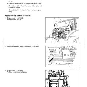 Puede incluir: Una p&aacute;gina de manual de mantenimiento titulada 7-MAINTENANCE, con dibujos lineales en blanco y negro de componentes del motor de maquinaria pesada, incluyendo acceso al cap&oacute; y puntos de llenado de combustible, aceite y DEF.