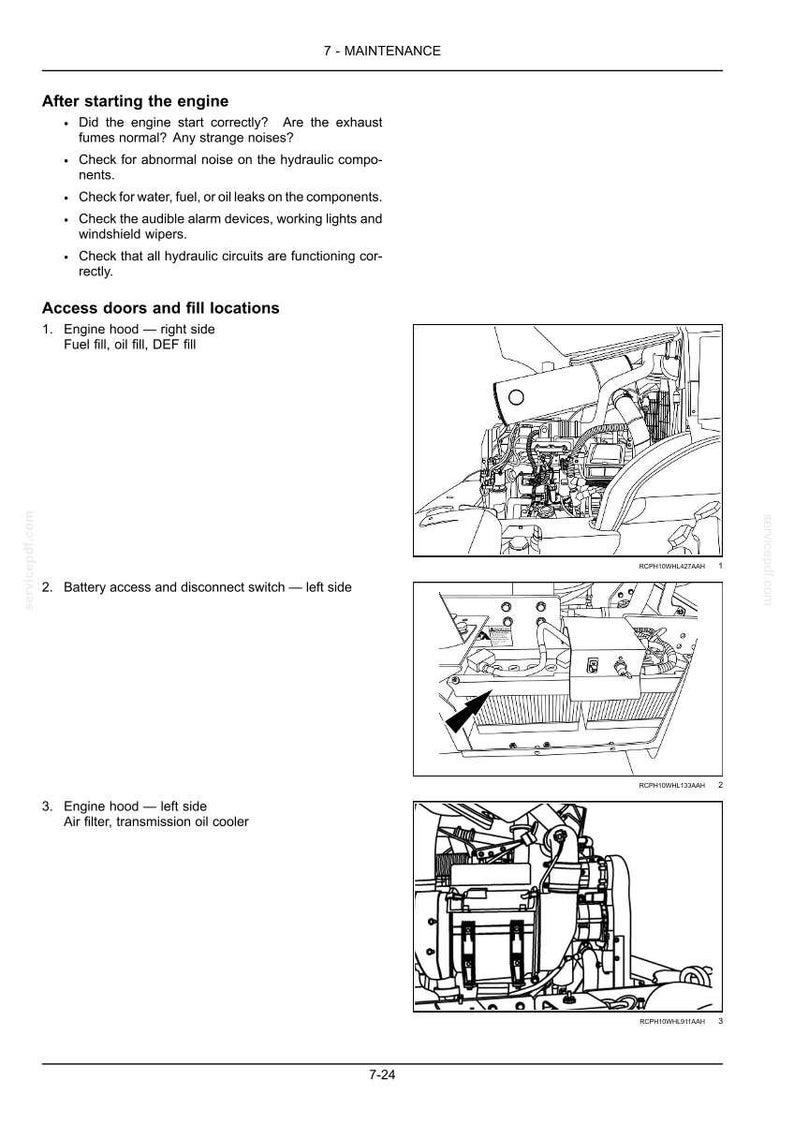 Puede incluir: Una p&aacute;gina de manual de mantenimiento titulada 7-MAINTENANCE, con dibujos lineales en blanco y negro de componentes del motor de maquinaria pesada, incluyendo acceso al cap&oacute; y puntos de llenado de combustible, aceite y DEF.