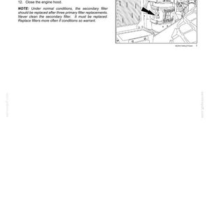 May include: A technical manual page titled 7 - MAINTENANCE featuring instructions for installing a filter cover and closing an engine hood. It includes a black and white line drawing of an engine component with a black arrow pointing to a filter.