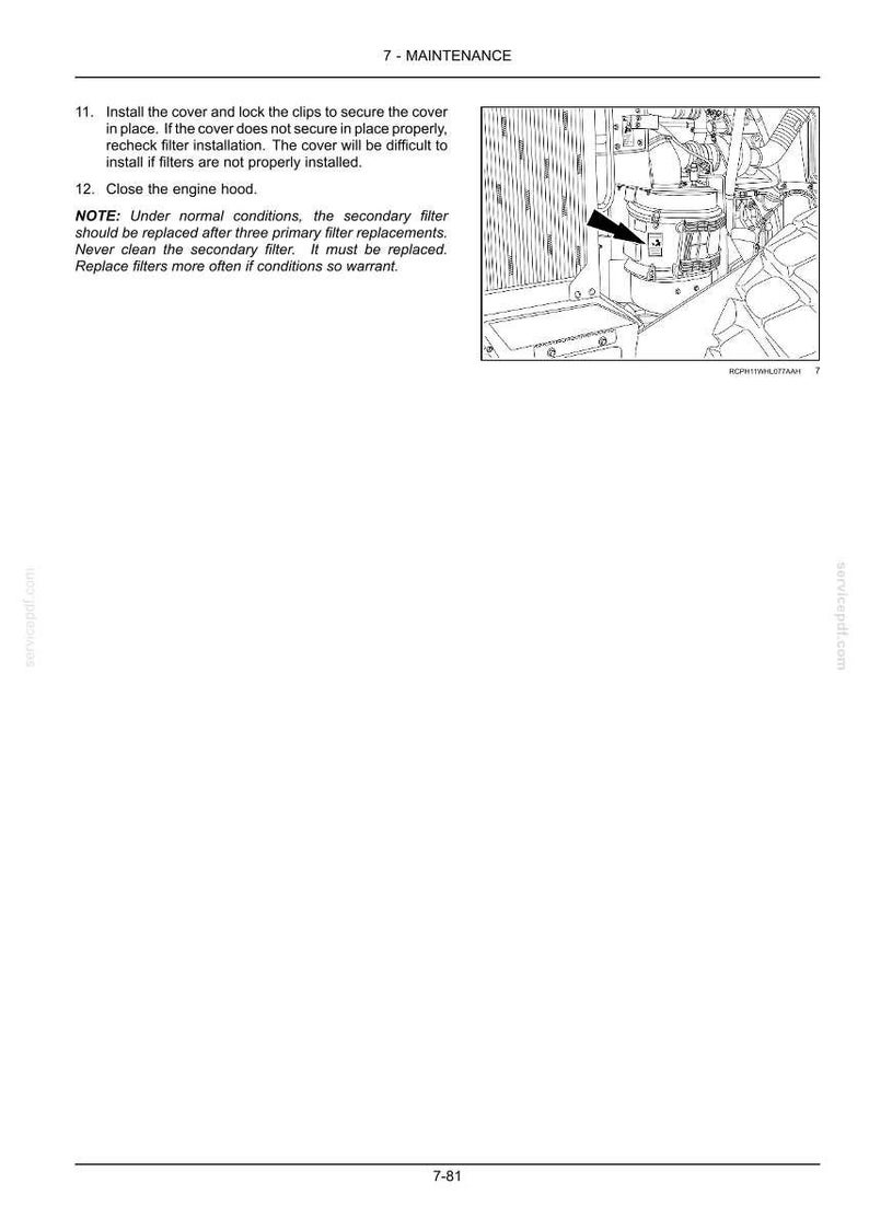 May include: A technical manual page titled 7 - MAINTENANCE featuring instructions for installing a filter cover and closing an engine hood. It includes a black and white line drawing of an engine component with a black arrow pointing to a filter.