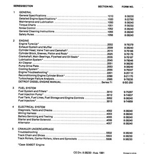 Puede incluir: Tabla de contenidos del manual 40 Crawler Serie E. El documento enumera secciones como General, Motor, Sistema de combustible, Sistema el&eacute;ctrico y Tren de rodaje. Publicado en agosto de 1981.