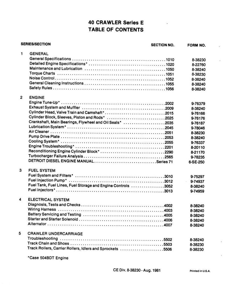 Puede incluir: Tabla de contenidos del manual 40 Crawler Serie E. El documento enumera secciones como General, Motor, Sistema de combustible, Sistema el&eacute;ctrico y Tren de rodaje. Publicado en agosto de 1981.