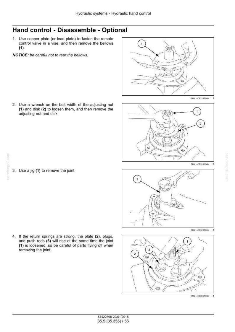 May include: Diagrams illustrating the disassembly of a hydraulic hand control system. The images show steps involving a copper plate, wrench, jig, and various components labeled with numbers. Text instructions accompany each step.