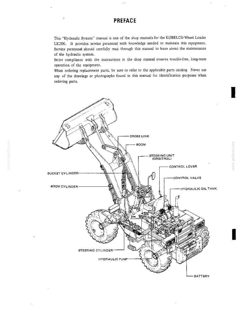K&ouml;nnte beinhalten: Eine technische Handbuchseite f&uuml;r einen KOBELCO Radlader LK200 mit einer schwarz-wei&szlig;en Strichzeichnung der Maschine und beschrifteten Komponenten wie Schaufelzylinder, Ausleger, Lenkeinheit, Steuerhebel und Hydraulik&ouml;ltank.