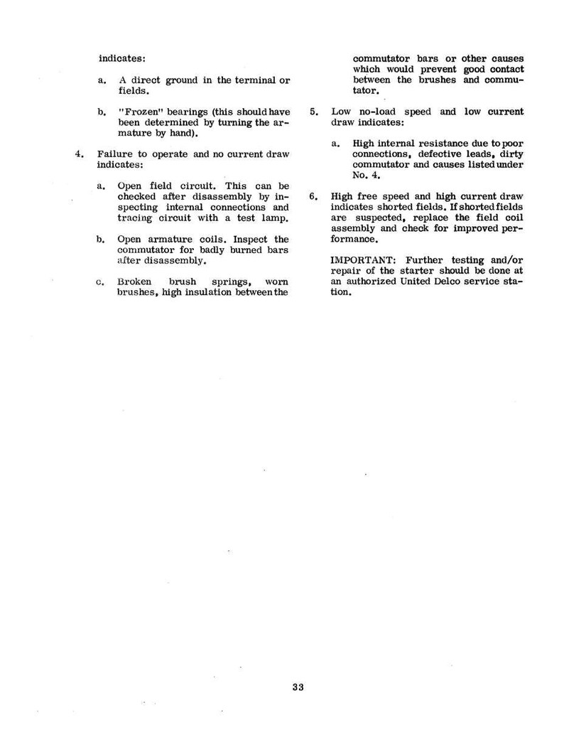 May include: A page from a manual with technical instructions. The text includes troubleshooting steps for electrical components, such as checking for open circuits and inspecting armature coils. The page also has the number 33 at the bottom.