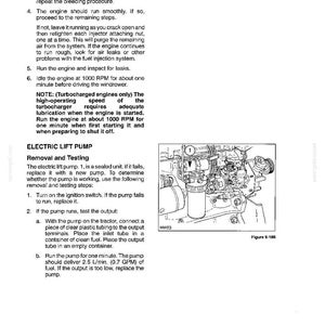 Pu&ograve; includere: Una pagina di manuale tecnico intitolata Section 6 Engine, che descrive le procedure per lo spurgo del motore e il test della pompa di sollevamento elettrica. Include istruzioni numerate, una nota sui motori turbo e un disegno Figure 6-186.