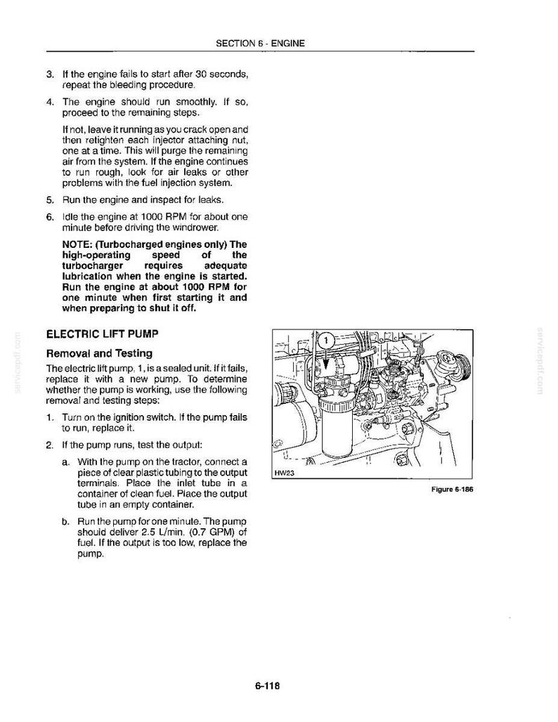 Pu&ograve; includere: Una pagina di manuale tecnico intitolata Section 6 Engine, che descrive le procedure per lo spurgo del motore e il test della pompa di sollevamento elettrica. Include istruzioni numerate, una nota sui motori turbo e un disegno Figure 6-186.
