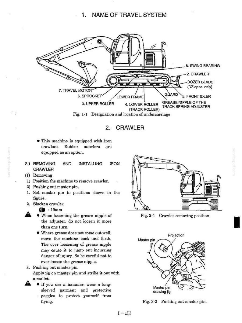 Puede incluir: Un diagrama en blanco y negro de una excavadora, con etiquetas para componentes como el motor de desplazamiento, la rueda dentada y el bastidor inferior. Diagramas adicionales ilustran la extracci&oacute;n de la oruga y la instalaci&oacute;n del pasador maestro. El texto incluye "NAME OF TRAVEL SYSTEM" y "CRAWLER".