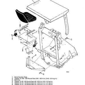 Puede incluir: Un diagrama expl&iacute;cito de un conjunto de asiento mec&aacute;nico, con un asiento, un marco y varios componentes. El diagrama incluye una placa de n&uacute;mero de serie e instrucciones para apretar pernos, medidos en libras-pie y Newton-metros.