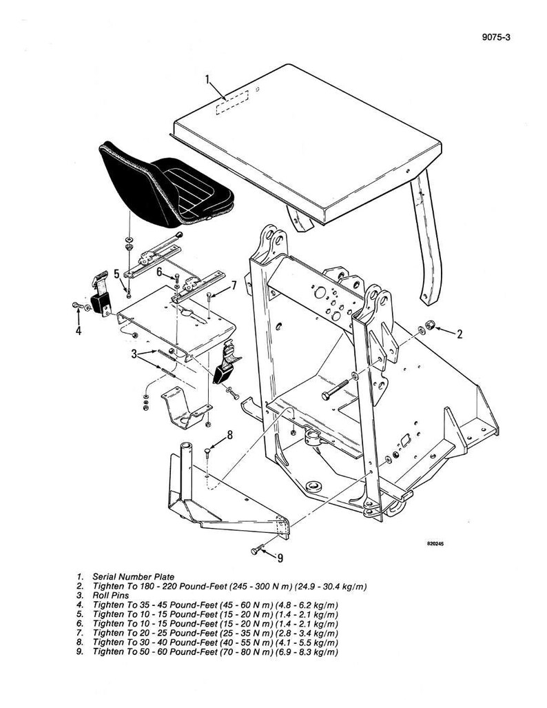 Puede incluir: Un diagrama expl&iacute;cito de un conjunto de asiento mec&aacute;nico, con un asiento, un marco y varios componentes. El diagrama incluye una placa de n&uacute;mero de serie e instrucciones para apretar pernos, medidos en libras-pie y Newton-metros.