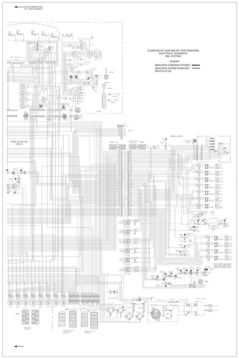 Pu&ograve; includere: Schema elettrico dettagliato per irroratrici Guardian SP 240R e SP 275R, riferimento RAC 47377944. Il diagramma presenta numerose linee, simboli e testo, con una legenda che indica alimentazione costante e alimentazione quando l'interruttore a chiave &egrave; acceso.