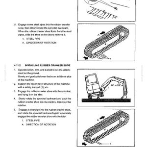 May include: A technical manual page titled 4. MAINTENANCE, featuring black and white line drawings illustrating the removal and installation of a rubber crawler shoe on heavy machinery, including steel pipes, sprockets, and idlers.