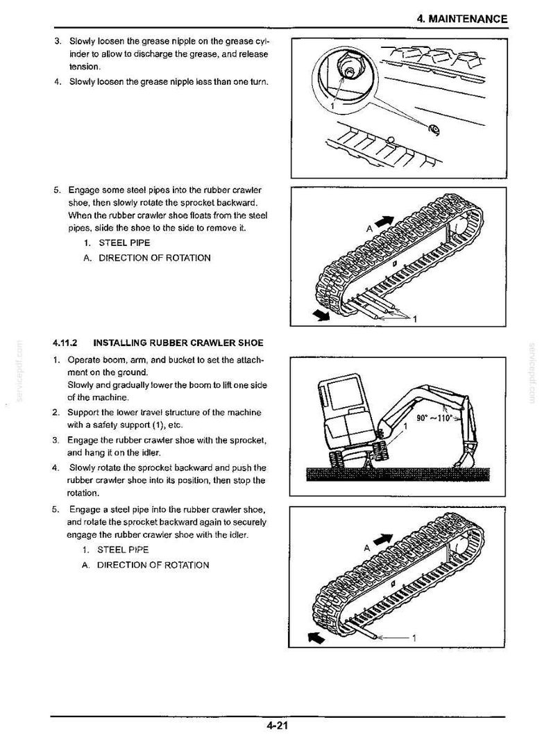 May include: A technical manual page titled 4. MAINTENANCE, featuring black and white line drawings illustrating the removal and installation of a rubber crawler shoe on heavy machinery, including steel pipes, sprockets, and idlers.
