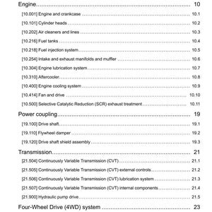 May include: A page from a manual titled "Contents" with a list of engine and transmission components. The list includes sections on the engine, power coupling, transmission, and four-wheel drive system.