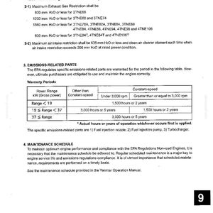 Op de afbeelding: Een technische documentpagina getiteld SPECIFICATIONS (EPA ENGINE) met details over vereisten voor motorinstallatie, uitlaatgasbeperkingen in mm H2O, garantieperiodes voor emissiegerelateerde onderdelen en informatie over het onderhoudsschema.