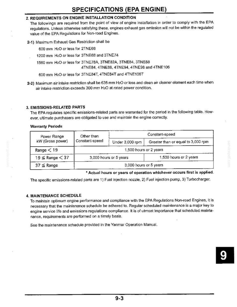 Op de afbeelding: Een technische documentpagina getiteld SPECIFICATIONS (EPA ENGINE) met details over vereisten voor motorinstallatie, uitlaatgasbeperkingen in mm H2O, garantieperiodes voor emissiegerelateerde onderdelen en informatie over het onderhoudsschema.