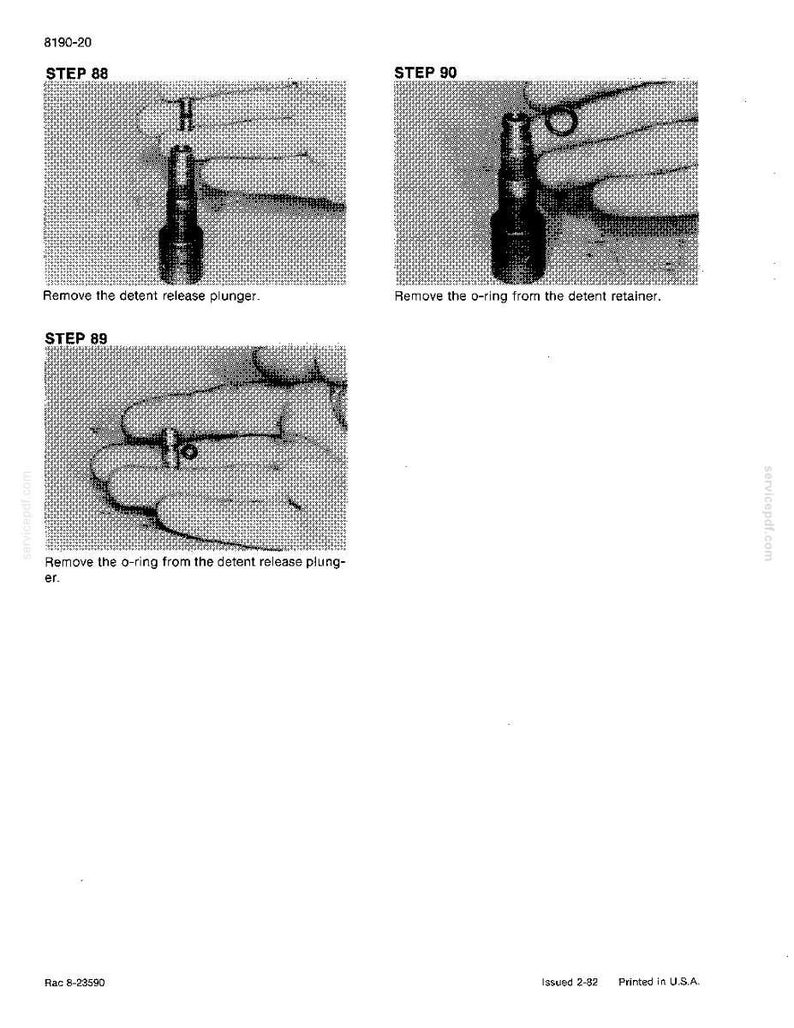 May include: Technical diagram illustrating mechanical assembly steps. Step 88 shows a plunger being removed. Step 89 shows an o-ring being removed. Step 90 shows an o-ring being removed from a detent retainer.