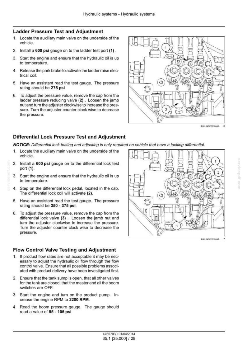 May include: Diagram of hydraulic systems with instructions for testing and adjustment. Includes steps for ladder pressure, differential lock pressure, and flow control valve testing. Text includes pressure values in psi.