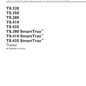 May include: An operator's manual for New Holland Agriculture tractors, specifically models T8.320, T8.350, T8.380, T8.410, T8.435, and SmartTrax versions. The document includes part number 51483360, volume 1 of 2, 1st edition, dated August 2018.