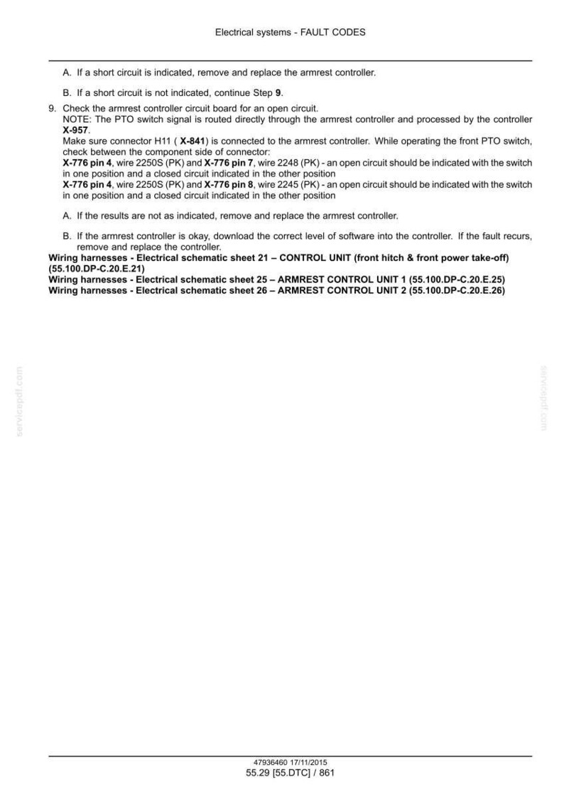 May include: A document titled "Electrical systems - FAULT CODES" with troubleshooting steps for armrest controllers. Includes wiring harness details and connector information. Text is in black on a white background.