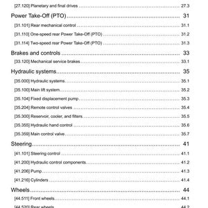 May include: A detailed technical document with a table of contents. The document lists various systems and components, including the rear axle, power take-off, brakes, hydraulic systems, steering, wheels, and electrical systems. The document is dated 02/12/2015.