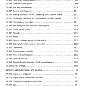 May include: A detailed technical document page with a list of vehicle systems and components, including engine control, transmission, and cab controls. The text is black on a white background, with page numbers on the right.