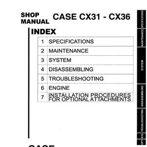 K&ouml;nnte beinhalten: Werkstatthandbuch f&uuml;r einen Hydraulikbagger, CASE CX31 - CX36. Das Cover zeigt den Titel, das Inhaltsverzeichnis und eine Liste von Themen, darunter Spezifikationen, Wartung, System, Demontage, Fehlersuche, Motor und Installationsverfahren.