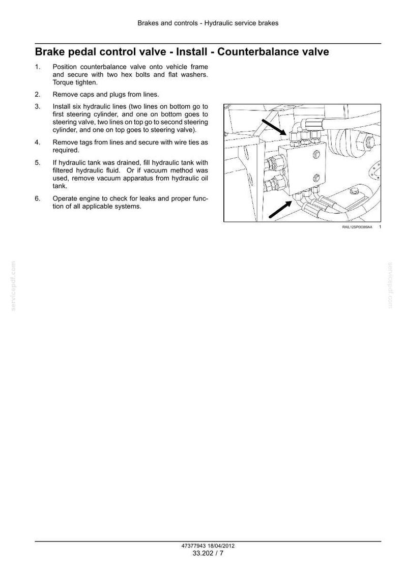 Pu&ograve; includere: Diagramma tecnico che illustra l'installazione di una valvola di controllo del pedale del freno. Le istruzioni descrivono il fissaggio della valvola, il collegamento dei tubi idraulici e il controllo delle perdite. Illustrazione tecnica.