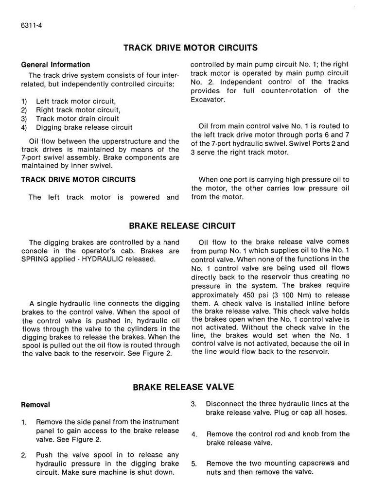 Puede incluir: Un documento t&eacute;cnico con el t&iacute;tulo "CIRCUITOS DEL MOTOR DE ACCIONAMIENTO DE LA ORUGA" y "CIRCUITO DE LIBERACI&Oacute;N DEL FRENO". El documento proporciona informaci&oacute;n sobre el sistema de accionamiento de la oruga, la liberaci&oacute;n del freno y los procedimientos de extracci&oacute;n. El texto es negro sobre fondo blanco.