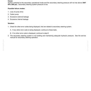May include: A document titled "Electrical systems - FAULT CODES" with troubleshooting steps for secondary steering pressure issues. The document includes possible failure modes and solutions. Text includes "15580-Secondary steering pressure not building".