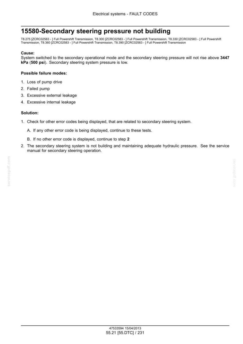 May include: A document titled "Electrical systems - FAULT CODES" with troubleshooting steps for secondary steering pressure issues. The document includes possible failure modes and solutions. Text includes "15580-Secondary steering pressure not building".