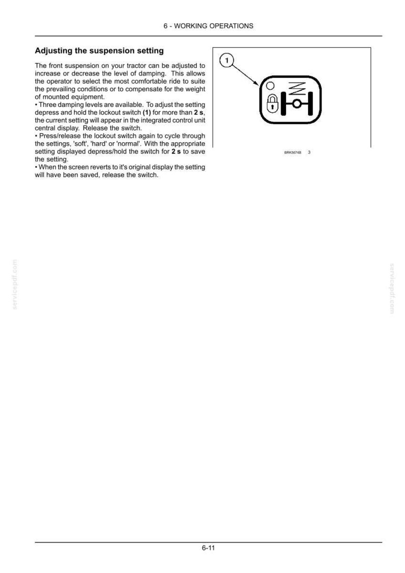May include: A technical manual page titled 6 - WORKING OPERATIONS, detailing instructions for adjusting tractor front suspension settings. It includes a black and white diagram labeled 1, showing a lockout switch icon with a padlock and spring symbol.