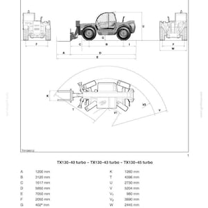 May include: Technical diagram of a TX130-40, TX130-43, and TX130-45 turbo model. The diagram includes side, front, and top views of the vehicle, along with labeled dimensions in millimeters. The diagram also includes a table of specifications.