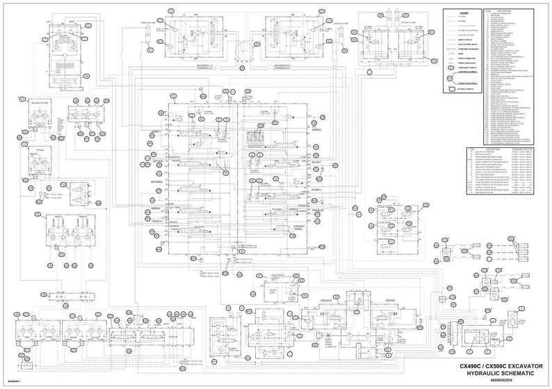 May include: A detailed hydraulic schematic diagram for a CX490C/CX500C excavator. The diagram is in black and white, featuring numerous interconnected components, lines, and labels. The text "CX490C / CX500C EXCAVATOR HYDRAULIC SCHEMATIC" is visible.