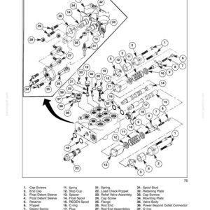 May include: A technical exploded view diagram titled SECTION 35 - HYDRAULIC SYSTEM - CHAPTER 1, displaying forty numbered components including cap screws, springs, O-rings, and a valve body, with a specific orifice measurement of 2.75 mm (0.108") hole.