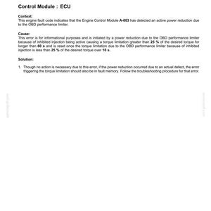May include: A white document with the title "E0566-03- Torque Limitation Due to OBD Performance Limiter by Legislation - Shorted to high source". The document explains fault codes in electrical systems, including context, cause, and solution.