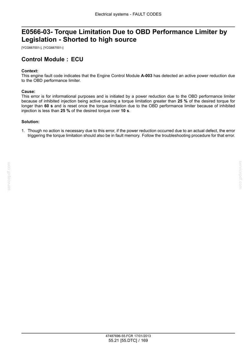 May include: A white document with the title "E0566-03- Torque Limitation Due to OBD Performance Limiter by Legislation - Shorted to high source". The document explains fault codes in electrical systems, including context, cause, and solution.