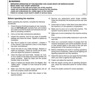 May include: A page from an operating manual with safety instructions for starting a machine's engine. The text includes warnings about improper operation and a list of procedures to follow before starting the machine.