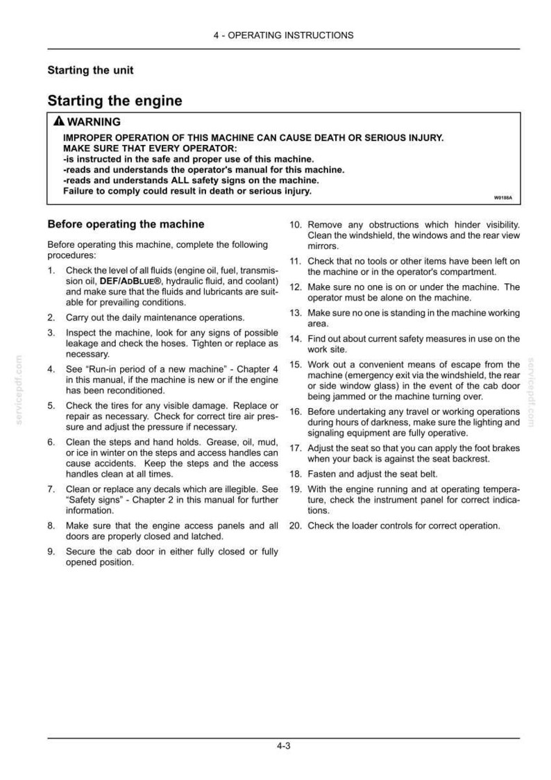 May include: A page from an operating manual with safety instructions for starting a machine's engine. The text includes warnings about improper operation and a list of procedures to follow before starting the machine.