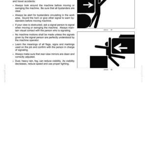 May include: Page from a safety manual with the heading "Avoid injuries caused by swing and travel." Includes safety instructions and diagrams of people and machinery with arrows, warning of potential hazards.