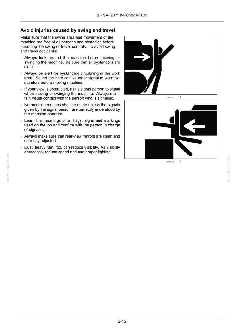 May include: Page from a safety manual with the heading "Avoid injuries caused by swing and travel." Includes safety instructions and diagrams of people and machinery with arrows, warning of potential hazards.