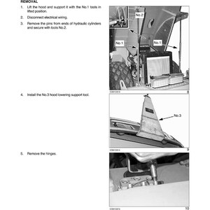 Op de afbeelding: Een zwart-wit pagina uit een technisch handboek met details over het verwijderen van hydraulische cilinders van de motorkap. De pagina bevat diagrammen met labels zoals No.1, No.2 en No.3, en instructies voor elke stap.