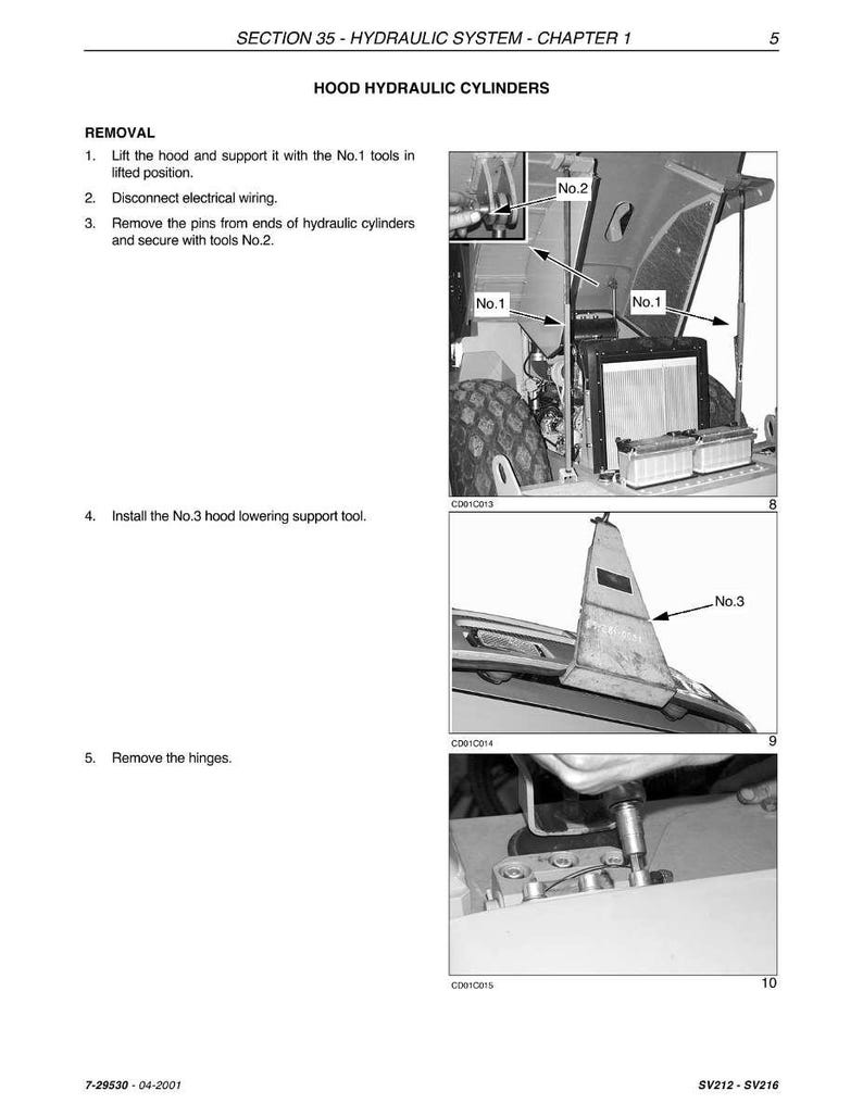 Op de afbeelding: Een zwart-wit pagina uit een technisch handboek met details over het verwijderen van hydraulische cilinders van de motorkap. De pagina bevat diagrammen met labels zoals No.1, No.2 en No.3, en instructies voor elke stap.